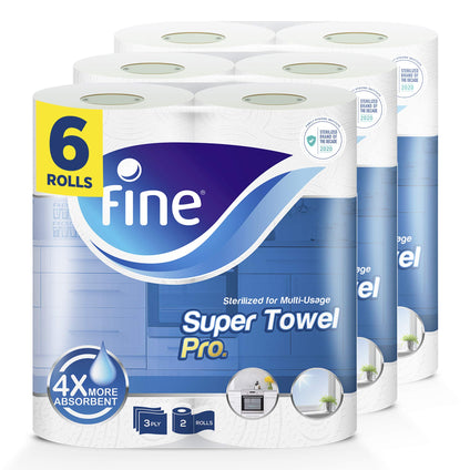Fine, Paper Towel - Super Towel Pro, Sterilized, 70 Sheets x 3 Ply, pack of 6 rolls