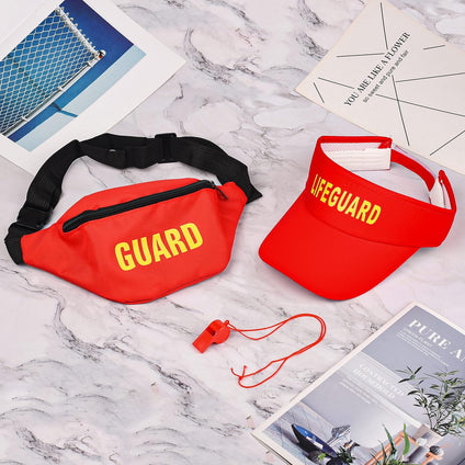 Bohue 3Pcs Lifeguard Costume Set Empty Top Sun Hat Adjustable Hat Red Waterproof Waist Bag Plastic Whistle Fancy Dress Accessories for Men Women