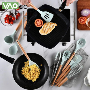 VAODO 19 Piece Kitchen Knife and Cooking Utensils Set, Silicone Cookware Set with Storage Box and Cutting Board, Including Cooking Utensils Set, kitchen gadgets and knives, Green