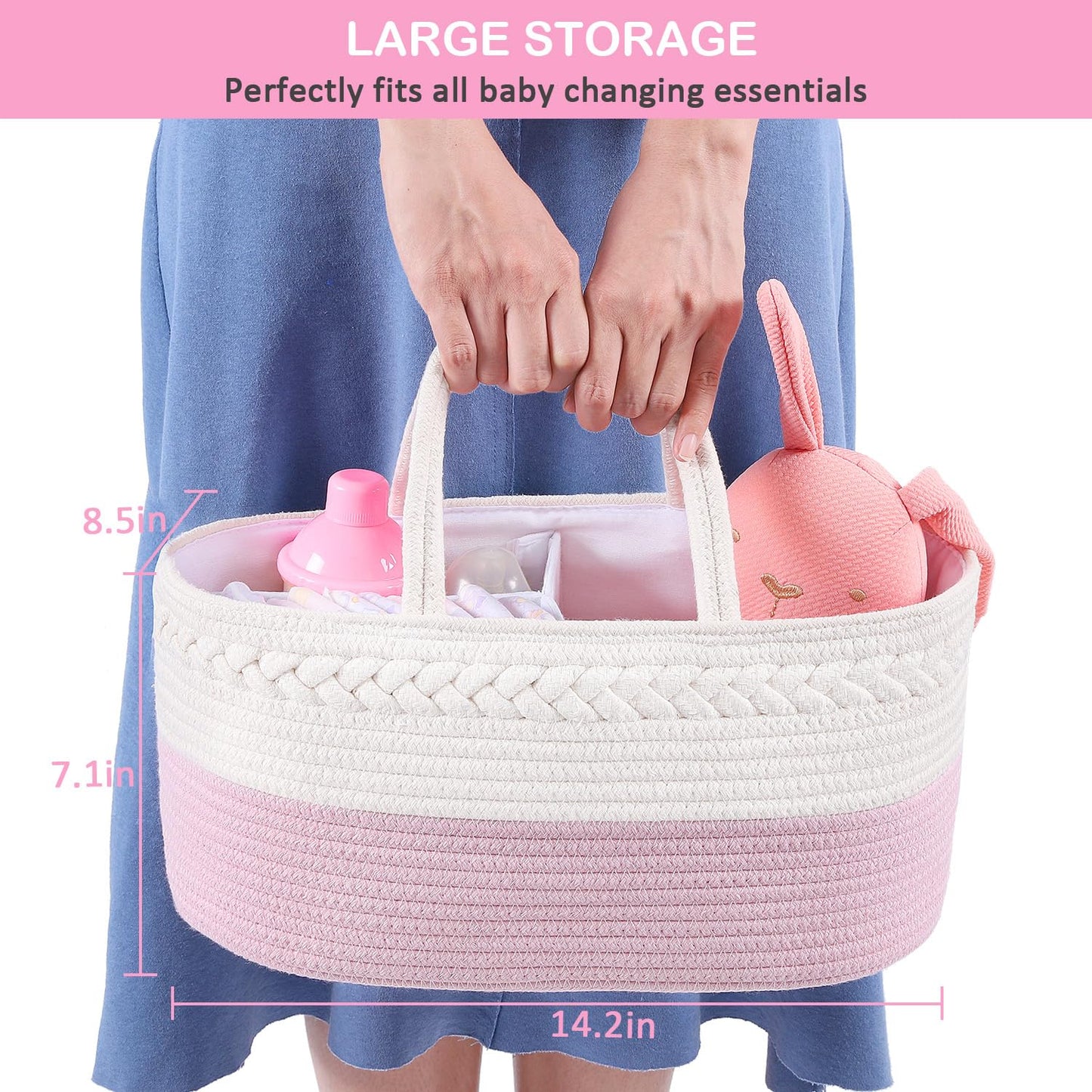 ABenkle Baby Diaper Caddy Organizer, Nursery Baby Girl Gifts Bag, Baby Basket for Diapers and Wipes, Gift Basket for Baby Shower Newborn Essentials Must Haves, Registry for Baby - Pink