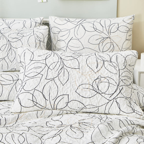 Tache Modern Abstract Floral Leaf Minimalist Line Art White Black Grey Gold Bedspread Coverlet Set, Cal King