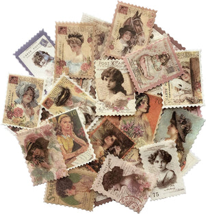 Vintage Postage Stamp Stickers, Aesthetic Classical Beauty Deco Paper Sticker for Scrapbooking, Journaling Supplies, Planners, Kid DIY Art Crafts - 60Pcs