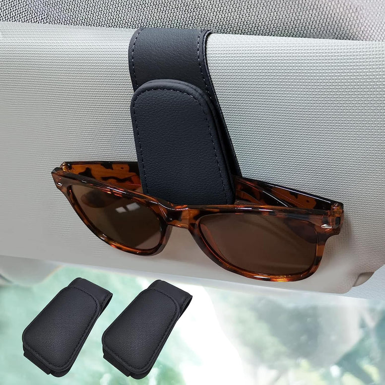 2 Packs Sunglasses Holders For Car Visor, Magnetic Leather Glasses Eyeglass Hanger Clip For Car, Ticket Card Clip Eyeglasses Mount(Black)