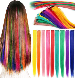 9 PCS Colored Hair Extensions Clip In 20 inch Straight Multicolored Hair Extensions Accessories For Girls Women Gift Party Highlights Wig Pieces (Rainbow Color)