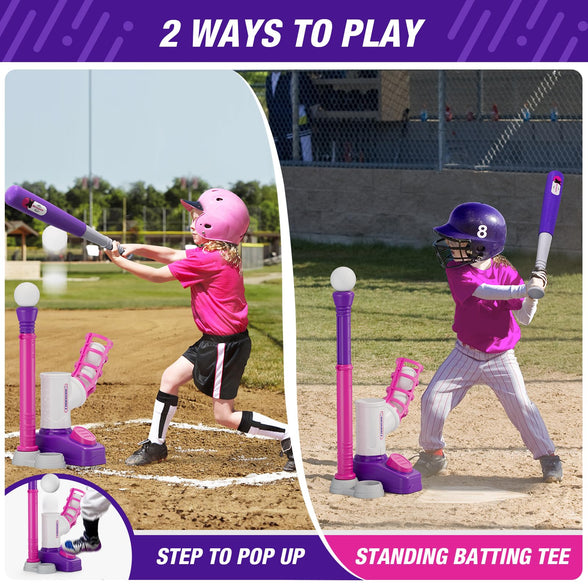 HYES 2 in 1 T Ball Sets for Kids 3-5, Tee Ball Set with Step on Pitching Machine/Adjustable Batting Tee/Retractable Baseball Bat/6 Balls, Outdoor Sport Toy Games for Girls Toddlers, Purple