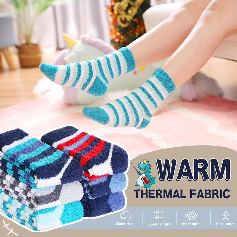 Kids Fuzzy Slipper Grip Socks Boys Girls Non Slip Winter Thick Fluffy Warm Soft Plush Thermal Crew Socks 6 Pairs