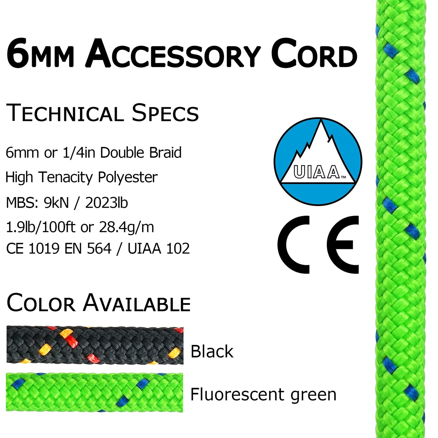 (Green, 6mm(dia.) x 6.2m) - GM CLIMBING 6mm Accessory Cord 12kN / 1220kg Double Braid Rope Black Pre Cut CE