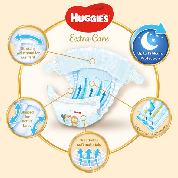 Huggies,Extra Care Baby Diapers,Diapers Size 4(8-14kg),Mega Pack of 136 Diapers,Absorbent Channels and Strechy Waistband,12h Day & Night Protection,Free from Nasties