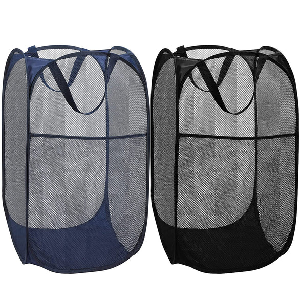 BATTOO Deluxe Strong Mesh Pop up Laundry Hamper Basket with Side Pocket Foldable Hamper for Laundry Room, Bathroom, Kids Room, College Dorm or Travel Navy + Black