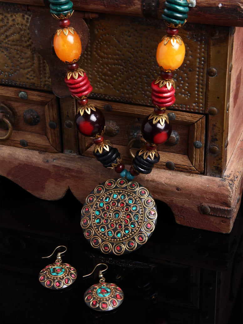 Shining Diva Fashion Latest Stylish Traditional Tibetan Pendant Necklace Jewellery Set for Women (13208s)