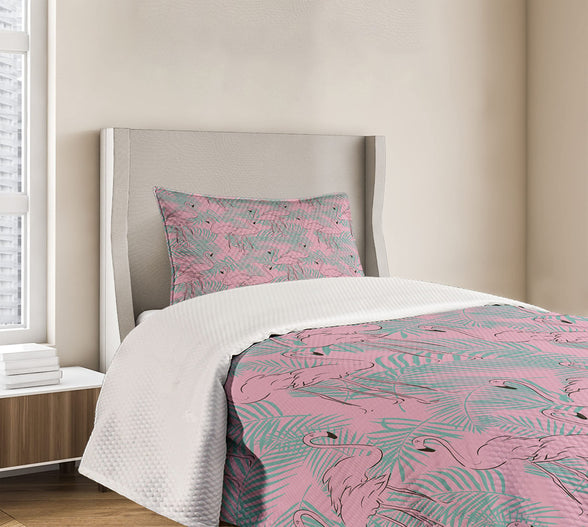 Lunarable Tropical Bedspread, Exotic Print of Flamingos and Palm Leaves in Pastel Tones, Decorative Quilted 2 Piece Coverlet Set with Pillow Sham, Twin Size, Pale Pink Cadet Blue Charcoal Grey