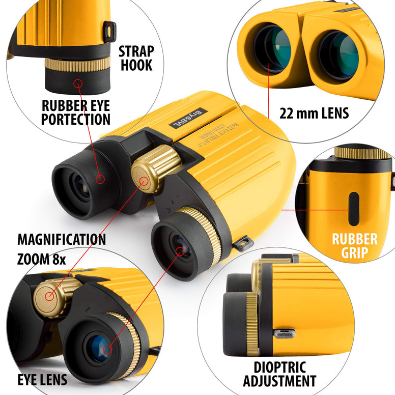 Kids Binoculars Girls for 3-12 Years Boys Girls 8x21 High-Resolution Real Optics Mini Compact Binocular Toys Shockproof Waterproof Folding (Yellow)