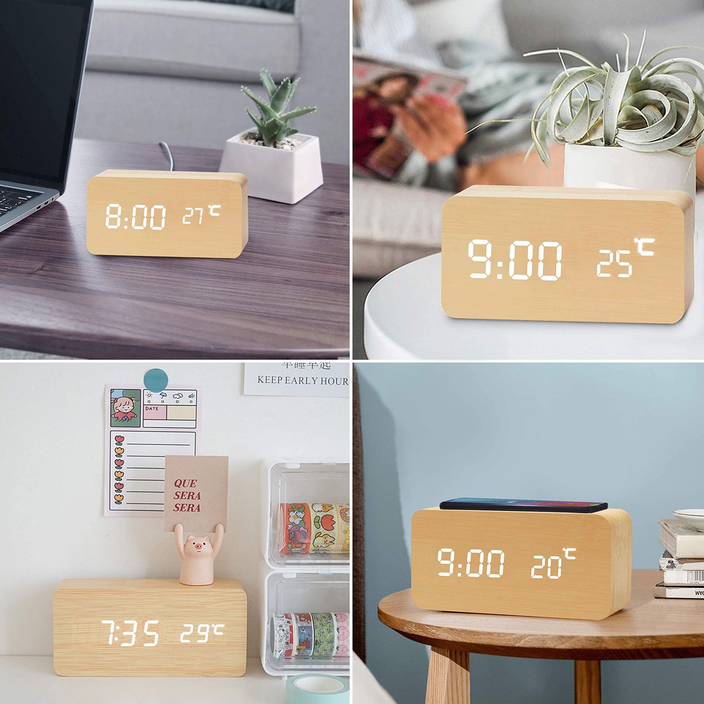 ELECDON Wooden Alarm Clock with Wireless Charging Pad, LED Digital Clock with Large Date and Temperature Display, Sound Control, Adjustable Brightness, Suitable for Bedroom, Office, Bedside