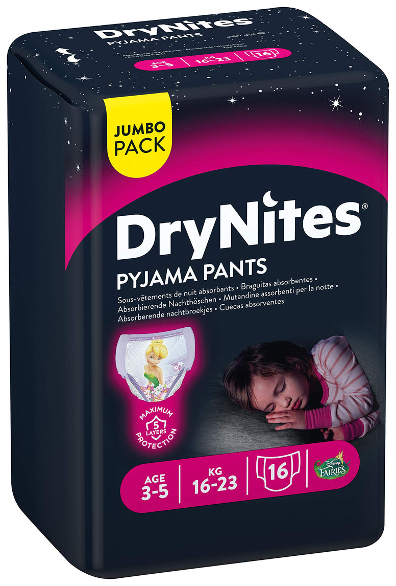 Huggies,DryNites Pyjama Pants for Girls,Pullup Diaper Pants Age 3-5(16-23kg),Jumbo Pack of 16 Premium Night Pants,Maximum Absorbency,Stretchy Sides for Comfortable Fit,Marvel Characters Design