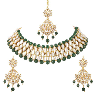 Shining Diva Latest Choker Design Traditional Kundan Earrings Maang Tikka Necklace Jewellery Set for Women (Green) (11298s)