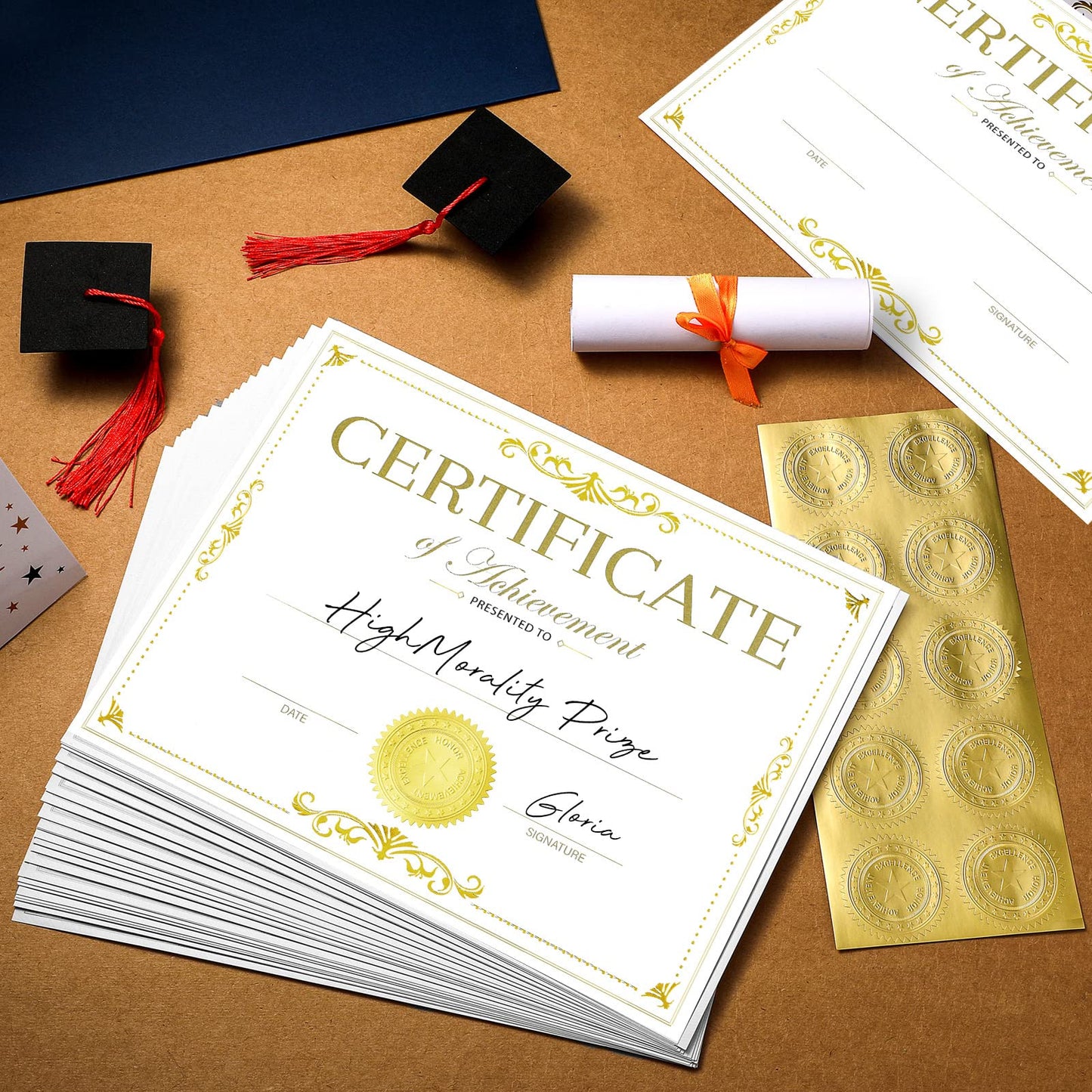 50 Packs Gold Foiled Certificate Paper Award 11 x 8.5 Inch Certificate of Completion Achievement Awards with 100 Pieces Embossed Gold Foil Seals Gold Seals Stickers for Printer Supplies