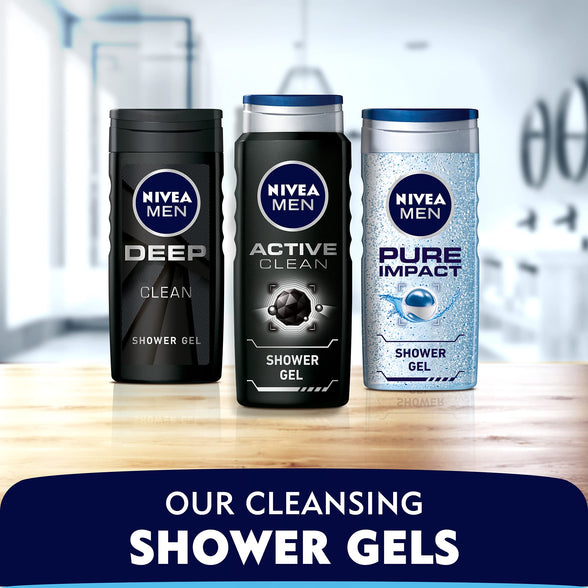 NIVEA MEN 3in1 Shower Gel Body Wash, Active Clean Charcoal Woody Scent, 500ml