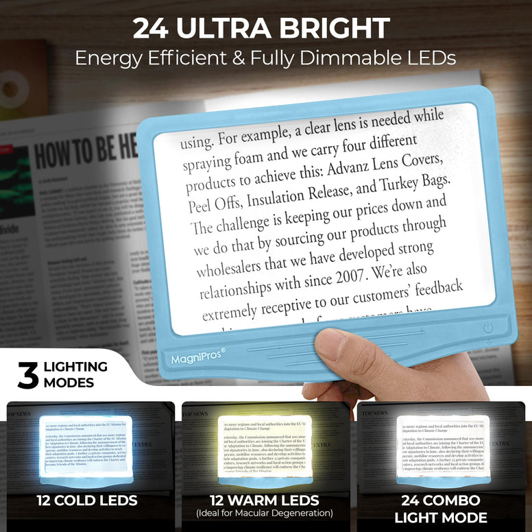 MagniPros 5X Large LED Hands-Free Full Page Magnifying Glass with Detachable Stand & 3 Stepless Color Modes to Reduce Eye Strain, Ideal for Reading Small Prints, Crafting, Low Vision & Seniors