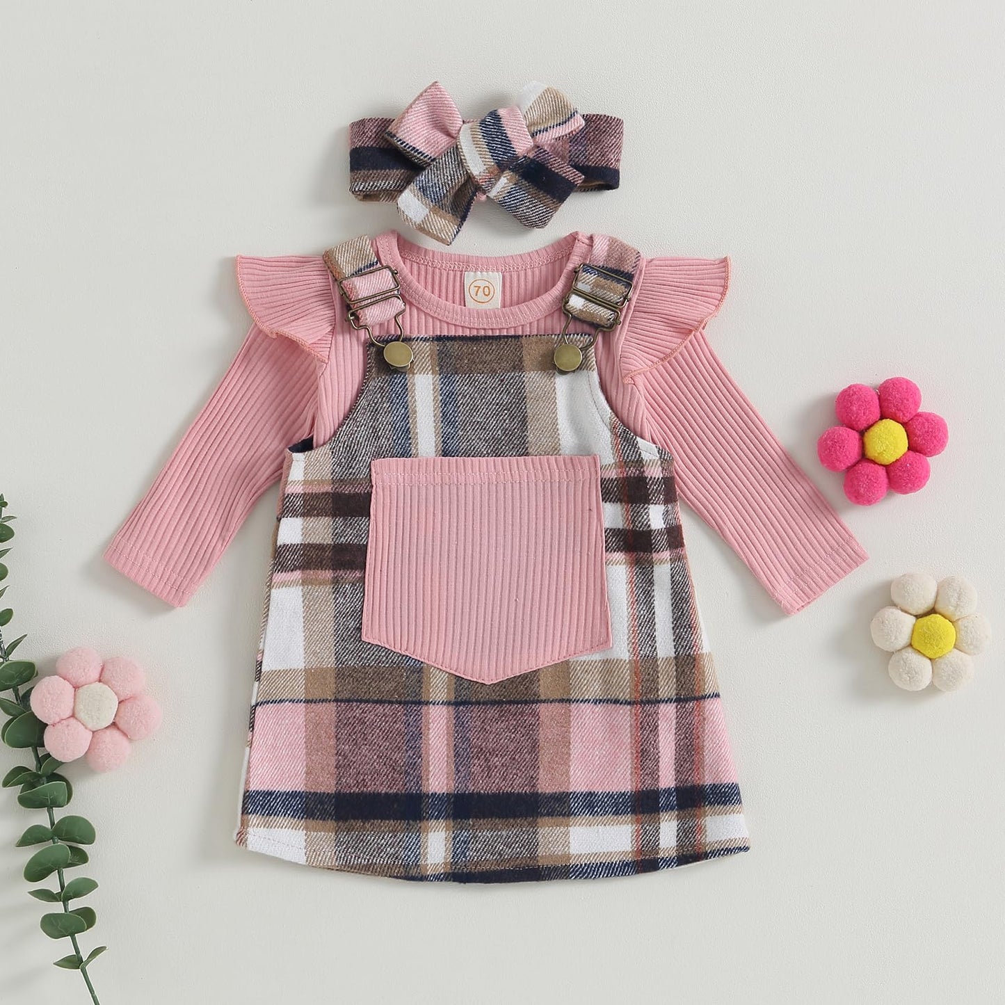 CREAIRY 3Pcs Baby Girl Clothes Knitted Long Sleeve Romper Bodysuit T-Shirt Tops Plaid Suspender Dress Skirt Set Fall Outfits, for 0-3 Months