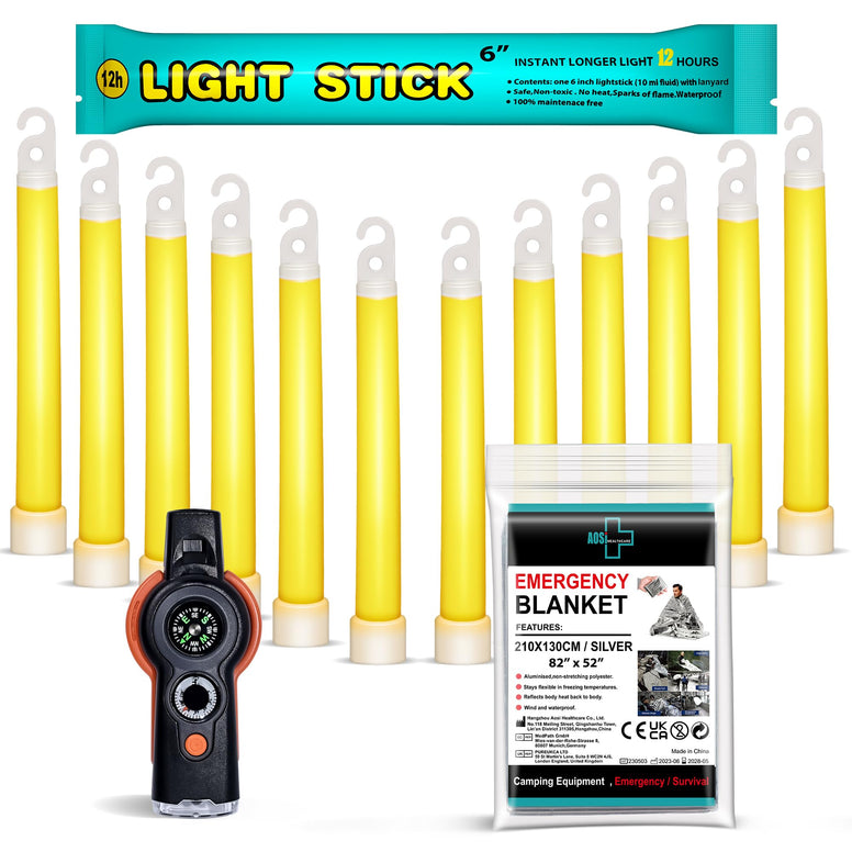 12 Ultra Bright Glow Sticks + Bonus Emergency Blanket and Survival Whistle - Emergency Light Sticks for Camping, Hiking, Outdoor, Survival Kit and More - Lasts Over 12 Hours