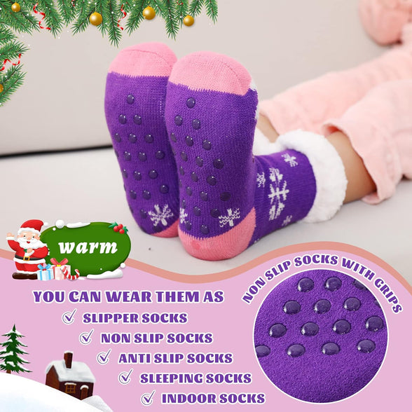 HERYEBING Kids Slipper Socks Boy Girl Chunky Knit Non Slip Socks Soft Fuzzy Warm Thick Fleece lined Christmas Stockings Child Toddler Winter Socks