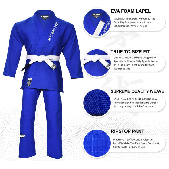 Starpro Evolve Kids BJJ GI - Premium Cotton Blend - White Blue Black - Preshrunk Gi for Boys Girls for Martial Arts Training and Fight