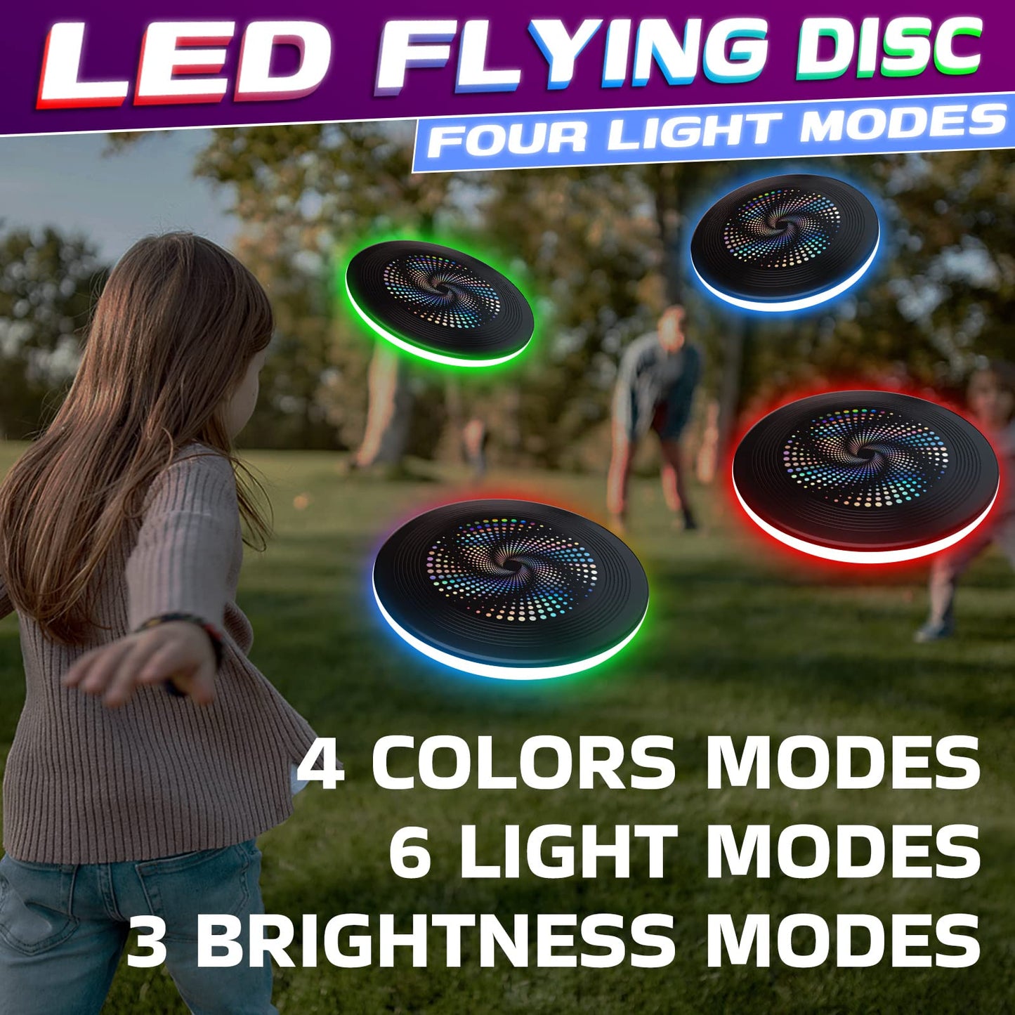 Phokwes LED Light Up Flying Disc - Rechargeable Smart Modes, Bright Mode, Color Mode, Glow in The Dark Ultimate Discs for Outdoor Yard Backyard Lawn Field Day Games Outsite Game Adults Kids