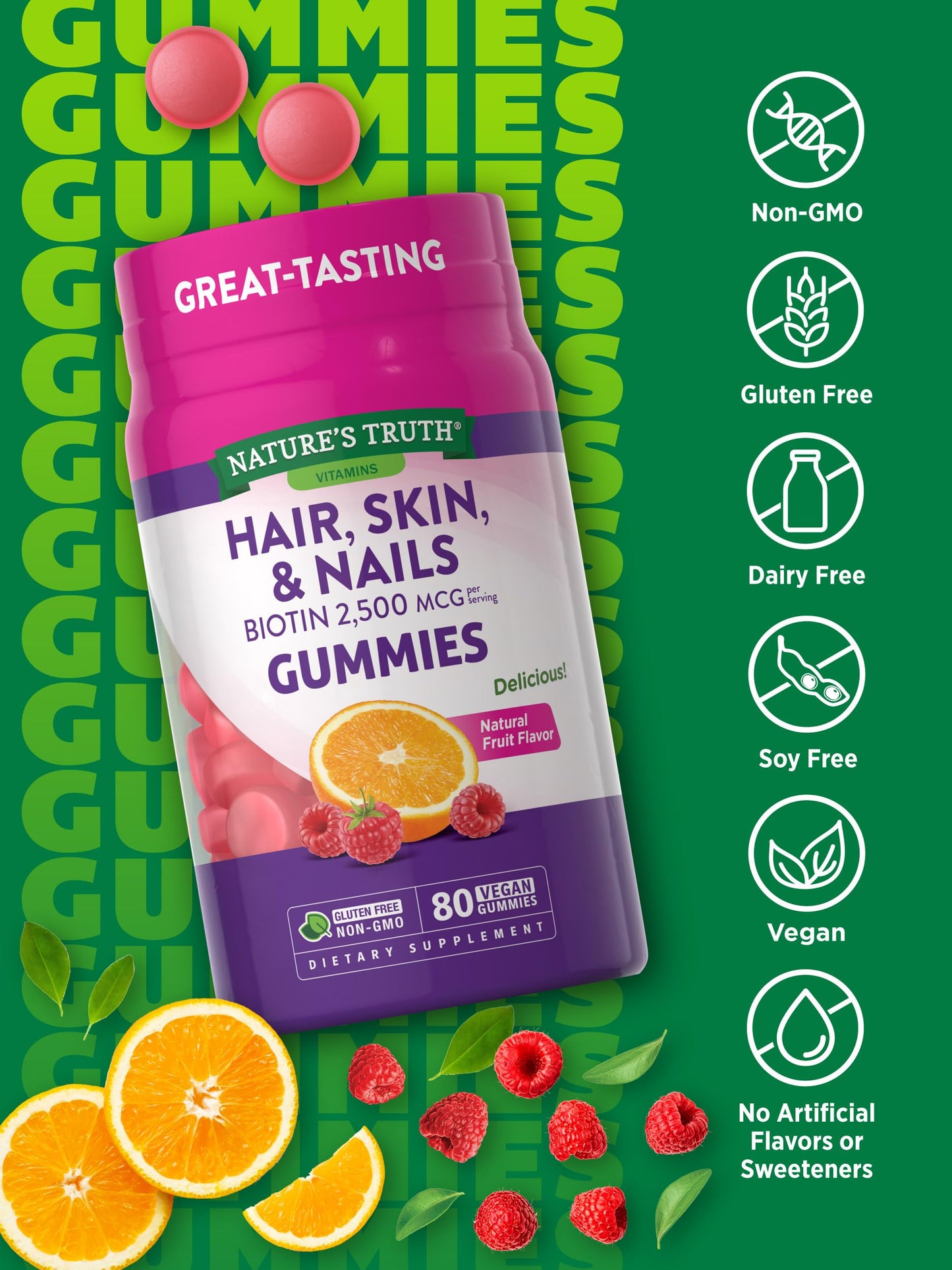 Nature's Truth Hair, Skin, Nails Natural Fruit Flavored Gummies, 80 Count