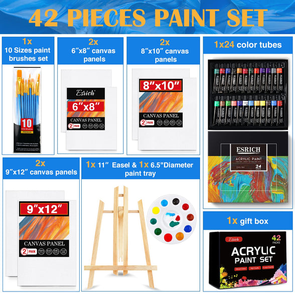 ESRICH Acrylic Paint Canvas Set,42 Piece Professional Premium Paint Kit with 1 Wood Easel,24Colors,10 Brushes,6 Canvases, Painting Supplies Kit for Kids,Students, Artists and Beginner