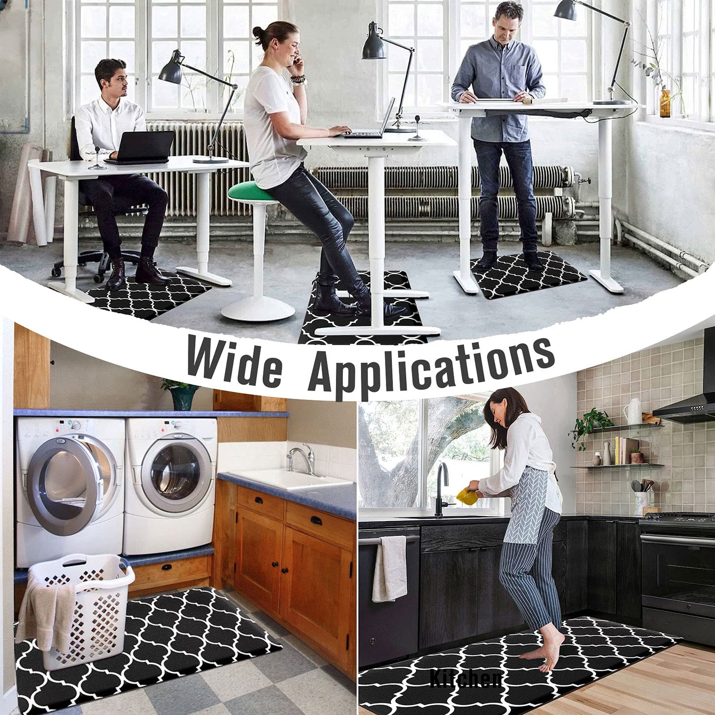 Carvapet 2 Pieces Kitchen Mat Set Cushioned Anti-Fatigue Comfort Floor Mat Waterproof Non-Slip Runner Rug PVC Foam Standing Mat for Kitchen Laundry Moroccan Trellis, Black,17.3"x28"+17.3"x60"