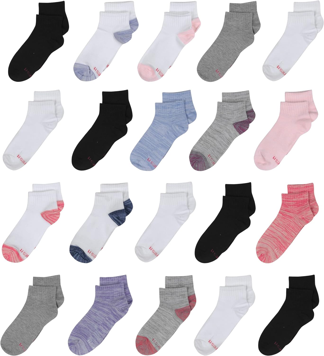 Hanes girls Lightweight Stretch Ankle Socks Super Value Pack, Assorted Multi-color 20-pair Pack, Large Socks (pack of 20)