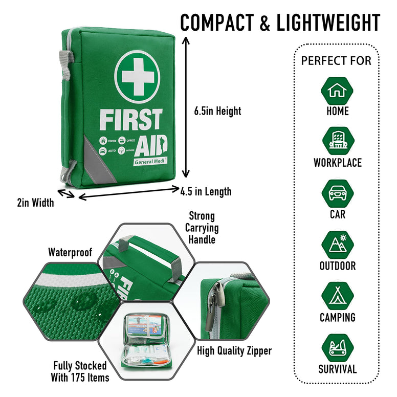 First Aid Kit -Compact First Aid Bag(175 Piece) - Reflective Bag Design- Includes 2 x Eyewash,Instant Cold Pack,Emergency Blanket for Home, Office, Vehicle,Camping, Workplace & Outdoor