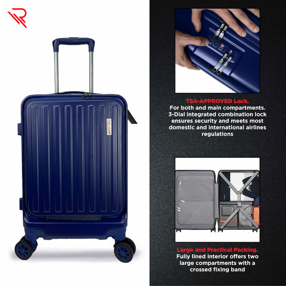 REFLECTION Business Travel 20"Carry On Luggage with Front Open Laptop Compartment|Hardside Suitcase|4 Spinner Wheels|Premium Quality|Professional look(Blue)