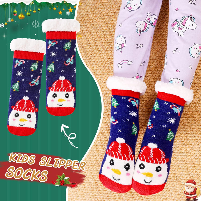 Kids Boys Girls Slipper Socks Warm Thick Fuzzy Fleece Lined Winter Cartoon Thermal Anti-Slip Soft Children's Home Floor Socks