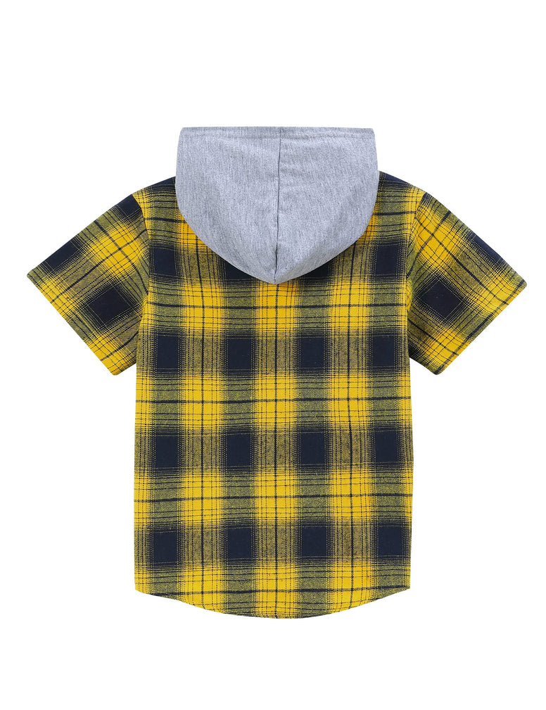 Kukume Kids Little Boy Button Down Buffalo Plaid Shirt Short Sleeve Shirt Fannel Hood with Pocket Top 3-12 Years
