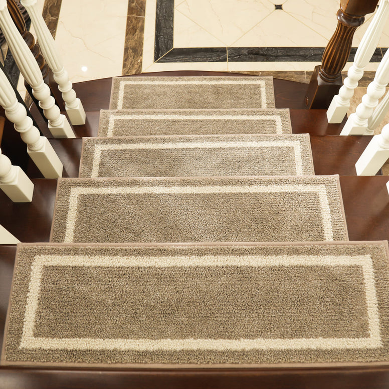 COSY HOMEER Soft Stair Treads Non-Slip Carpet Mat 28inX9in Indoor Stair Runners for Wooden Steps,Stair Rugs for Kids and Dogs, 100% Polyester TPE Backing 4pcs,Beige,Square