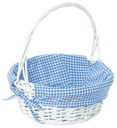 Vintiquewise QI003820BL.M White Round Willow Gift Basket, with Blue Gingham Liner and Handle-Medium