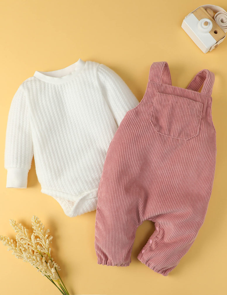 FRLOONY Newborn Baby Girl Clothes Solid Ribbed Long Sleeve Romper + Corduroy Overalls Pants Set Infant Girls Outfits 2Pcs(3-6 M )