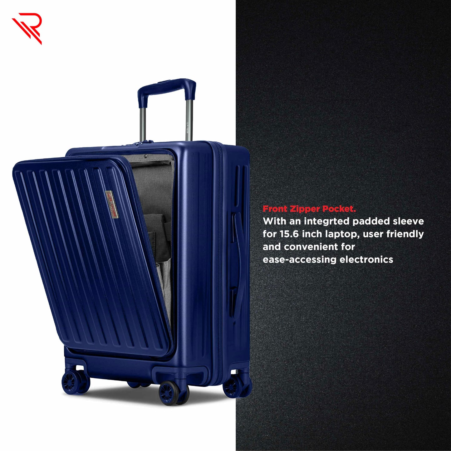 REFLECTION Business Travel 20"Carry On Luggage with Front Open Laptop Compartment|Hardside Suitcase|4 Spinner Wheels|Premium Quality|Professional look(Blue)
