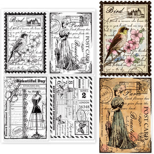 GLOBLELAND Vintage Ticket Postcard Clear Stamps for Card Making Decorative Butterfly Dress Lady Transparent Silicone Stamps for DIY Scrapbooking Supplies Embossing Paper Card Album Decoration Craft