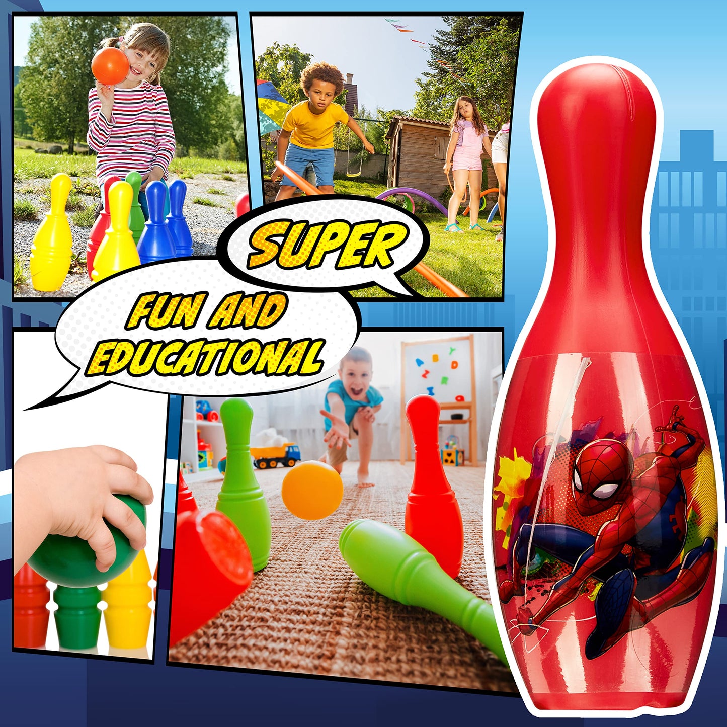 Marvel Spiderman Bowling Set Kids 1 Ball 6 Pins Skittles Game for Kids Summer Garden Toys Indoor Outdoor Games Bowling Game Party Birthday Spiderman Gifts for Boys (Multi Spiderman)