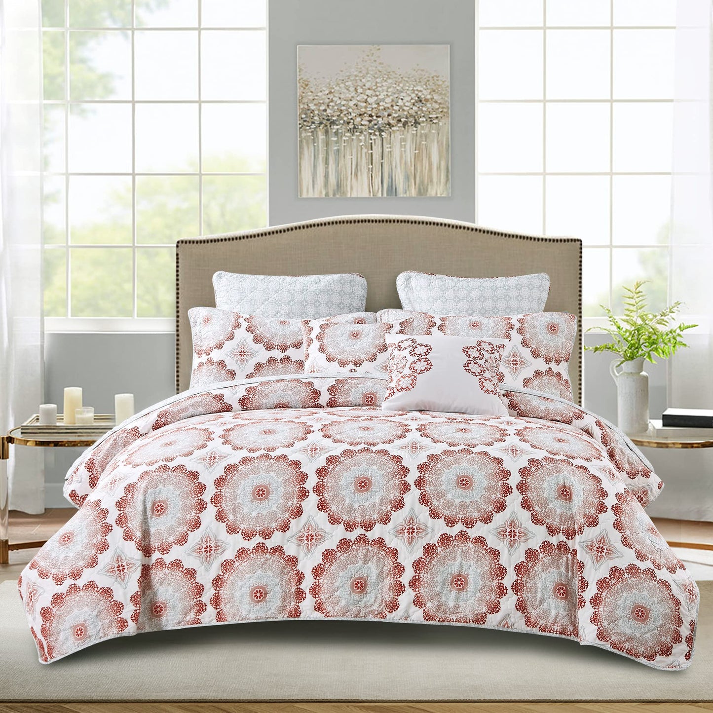 Home Soft Things 7 Piece Printed Microfiber Bedspread Quilts Set, 102" x 90" King, Delia, Red Durable Geometric Lightweight Bed Cover Coverlet Bedding Set with Matching Shams Pillows