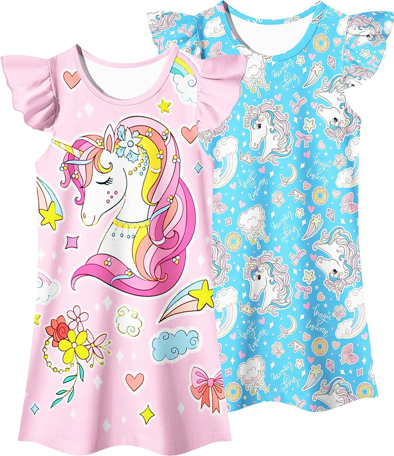 LQSZ 2Pcs Girls Nightgowns 3-10 Years Flutter Short Sleeves Dress Nightdress Sleepwear Pajamas Nightgowns for Girls