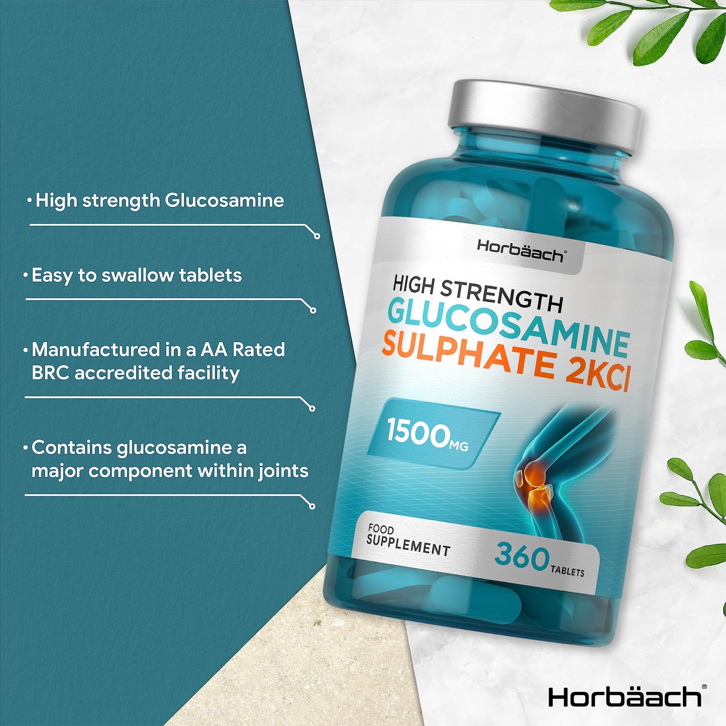 Glucosamine Sulphate 2KCL Supplement 1500mg | 360 Tablets | High Strength | No Artificial Preservatives | by Horbaach