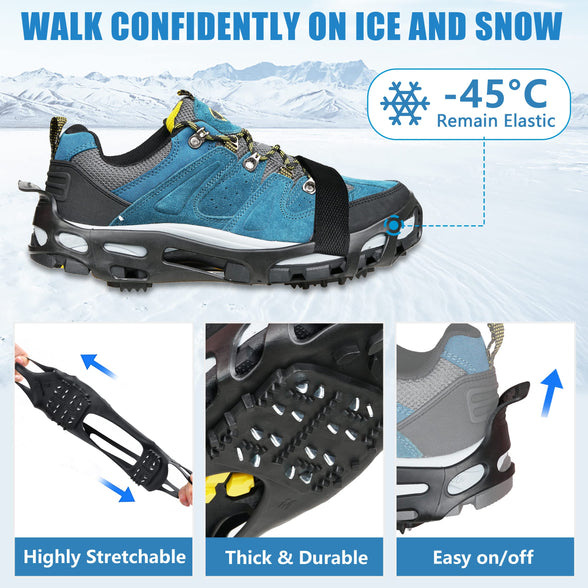 Ice Cleats Snow Traction Cleat Crampons for Shoes and Boots Non Slip Cleat Covers Ice Snow Grippers with Adjustable Straps for Walking on Snow & Ice Hiking Climbing Mountaineering Fishing Small