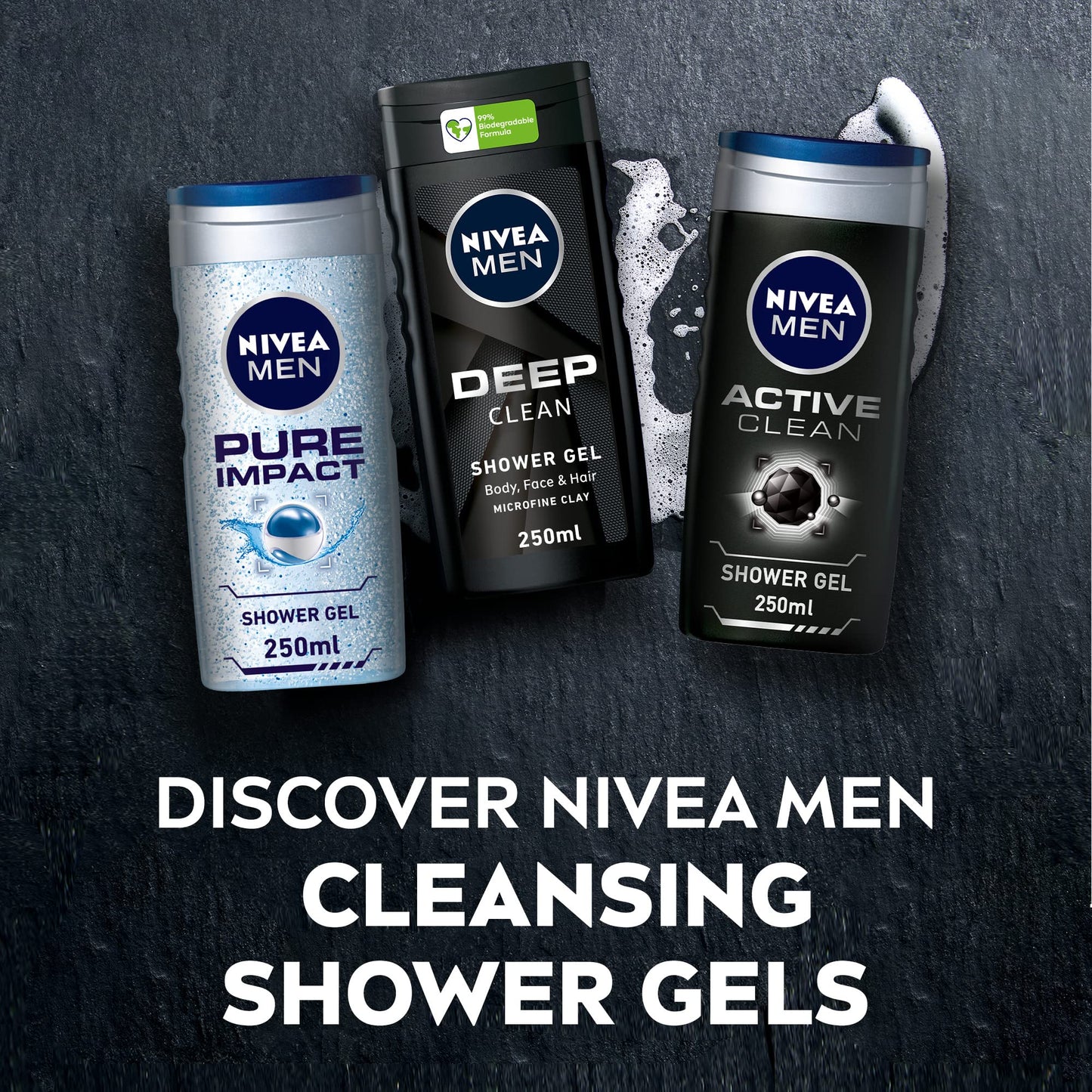 NIVEA MEN 3in1 Shower Gel Body Wash, Cleansing DEEP Micro-Fine Clay, Woody Scent, 250ml