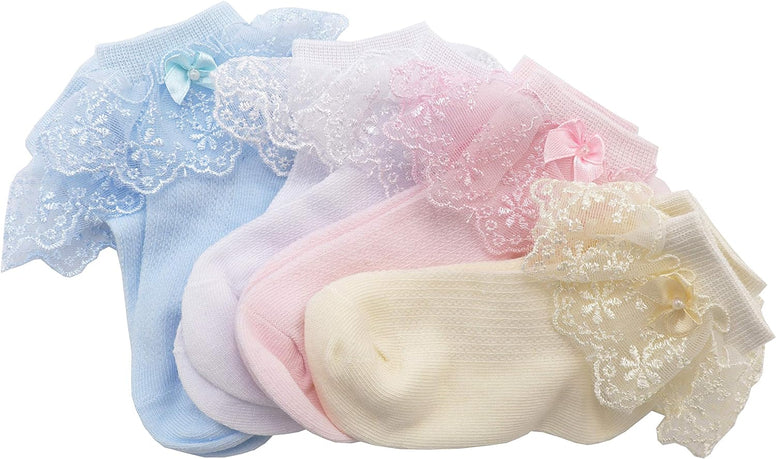 Xiyadun 4 Pack Toddler/Kids Girls Cotton Lace Socks Princess Dressy Socks(2-10T)