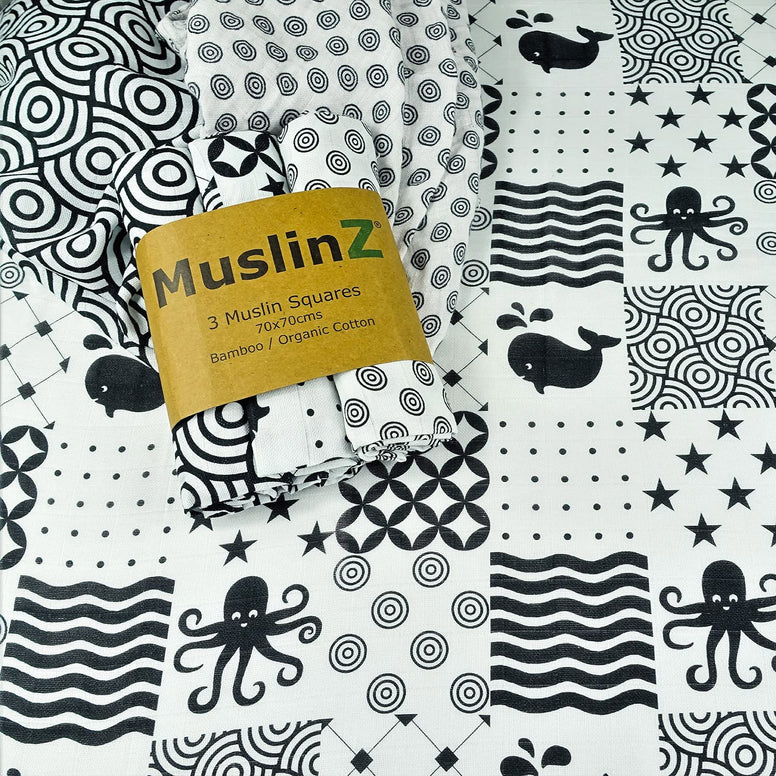 MuslinZ Sensory Muslin squares in Black and White for Visual Stimulation and Sensory Play Bamboo/Organic Cotton mix (70x70cms)