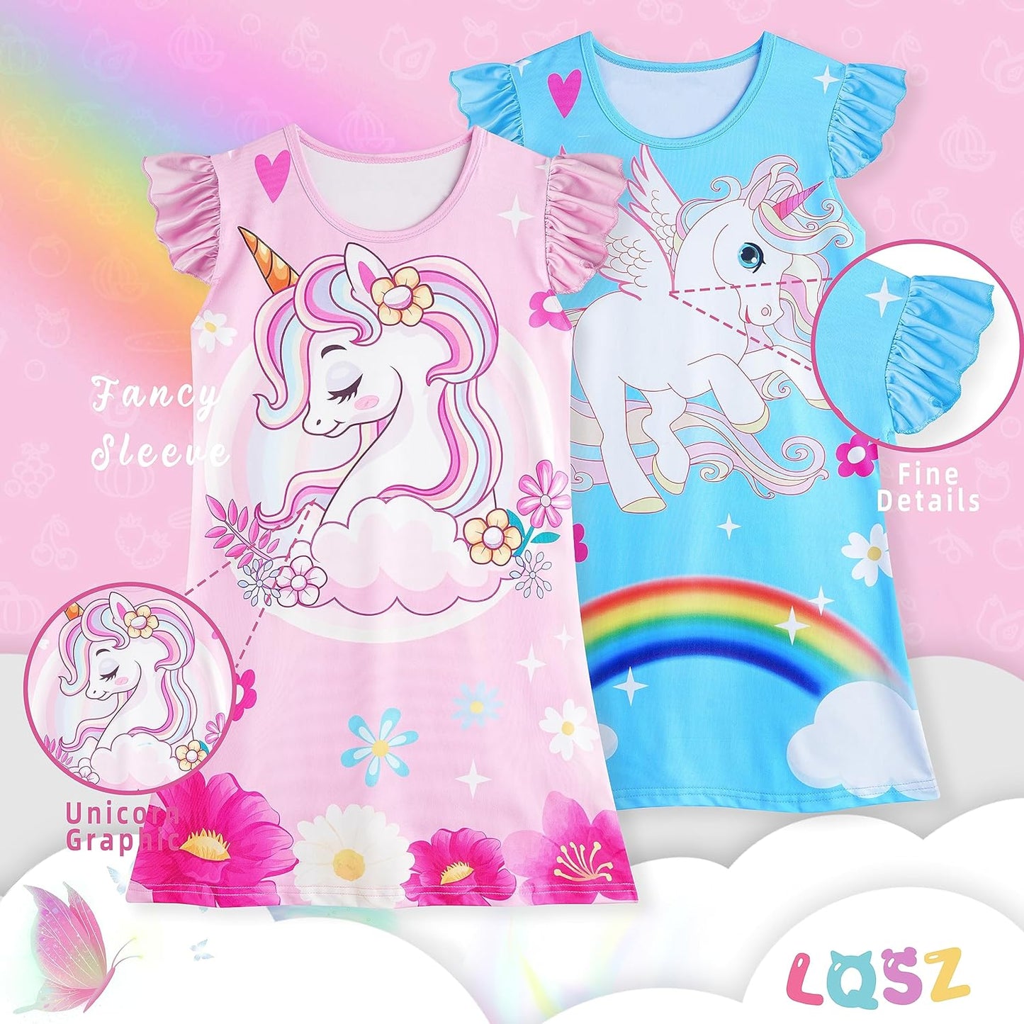 LQSZ 2Pcs Girls Nightgowns 3-10 Years Flutter Short Sleeves Dress Nightdress Sleepwear Pajamas Nightgowns for Girls