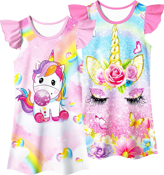 LQSZ Girls Nightgowns 2-Pack Little Girls Pajama Nightdress Sleep Wear 3-12 Y